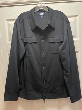 Lands’ End Men’s Black Ponte Knit Shirt Jacket Button Front Pockets Size L